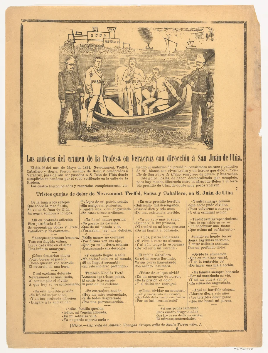 Broadsheet showing the perpetrators of the crime on Profesa Street on their way to San Juan de Ulua by José Guadalupe Posada, print, 1886-1896