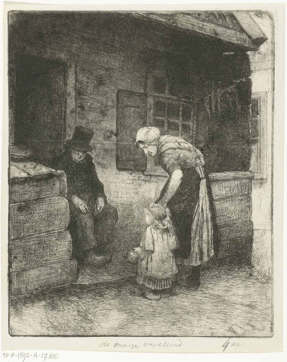 Vrouw met klein kind staat bij zittende oude man voor  arbeiderswoning by Bernardus Johannes Blommers, print, 1855-1892