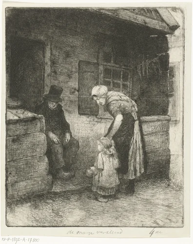 Vrouw met klein kind staat bij zittende oude man voor  arbeiderswoning by Bernardus Johannes Blommers, print, 1855-1892