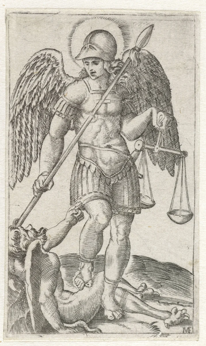 Aartsengel Michaël staand op duivel met speer en weegschaal by anonymous, print, 1500-1575