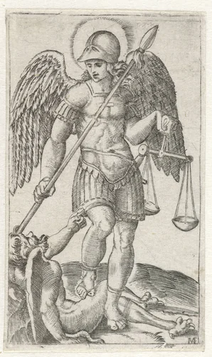 Aartsengel Michaël staand op duivel met speer en weegschaal by anonymous, print, 1500-1575