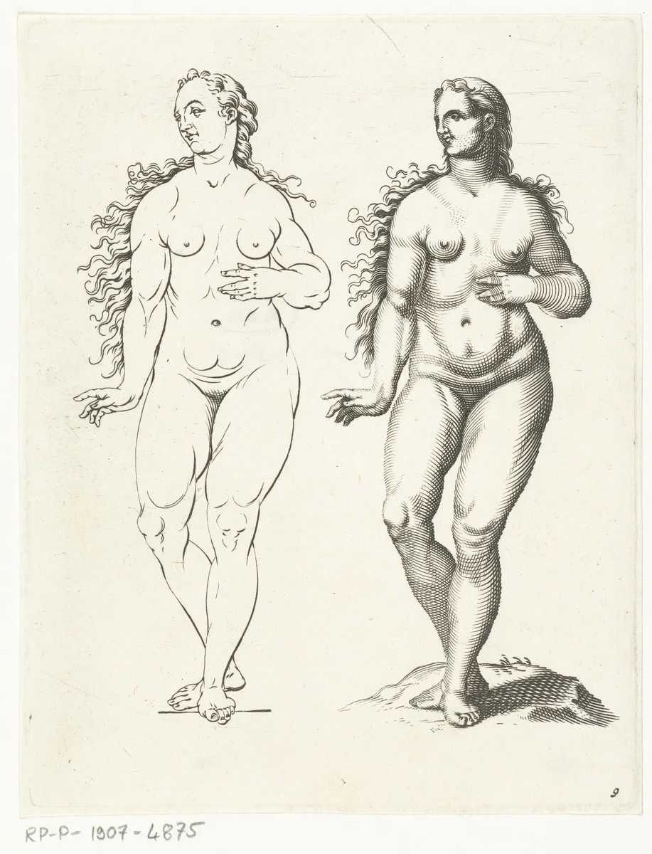 Twee naakte vrouwen by anonymous, print, 1671-1726