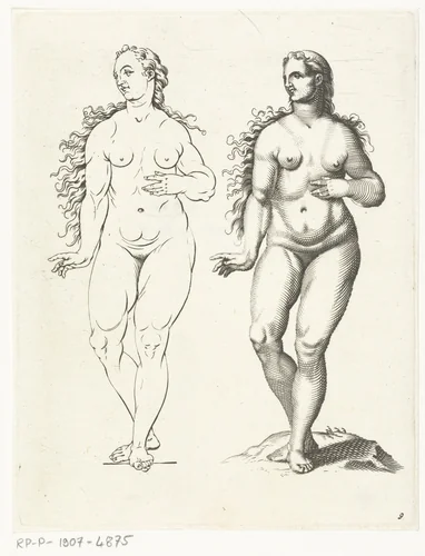 Twee naakte vrouwen by anonymous, print, 1671-1726