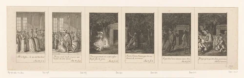 Zes voorstellingen uit le Mariage de Figaro van Beaumarchais by Daniel Nikolaus Chodowiecki, print, 1785