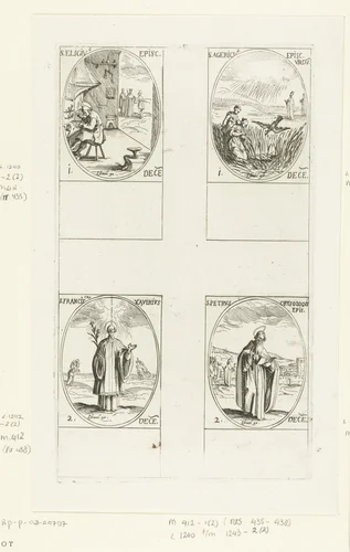 Heilige Eligius van Noyon, Heilige Agericus van Verdun, Heilige Franciscus Xaverius, Heilige Petrus Chrysologus (1-2 december) by Jacques Callot, print, 1632-1636