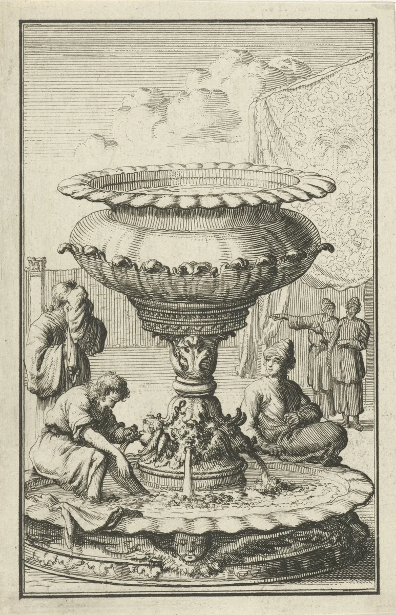 Koperen wasvat of spoelbekken in de hof van het tabernakel by Jan Luyken, print, 1683-1783