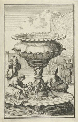 Koperen wasvat of spoelbekken in de hof van het tabernakel by Jan Luyken, print, 1683-1783