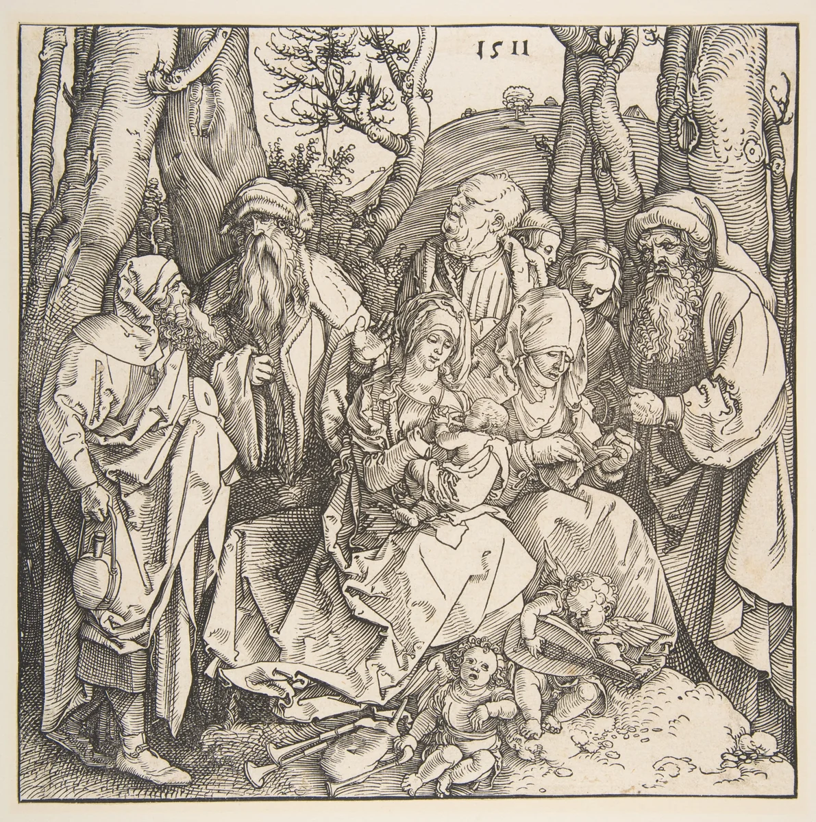 The Holy Family with Saints and Two Musical Angels by Albrecht Dürer, print, 1511