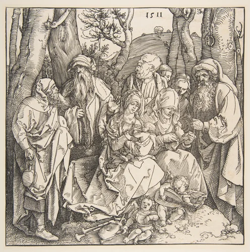 The Holy Family with Saints and Two Musical Angels by Albrecht Dürer, print, 1511