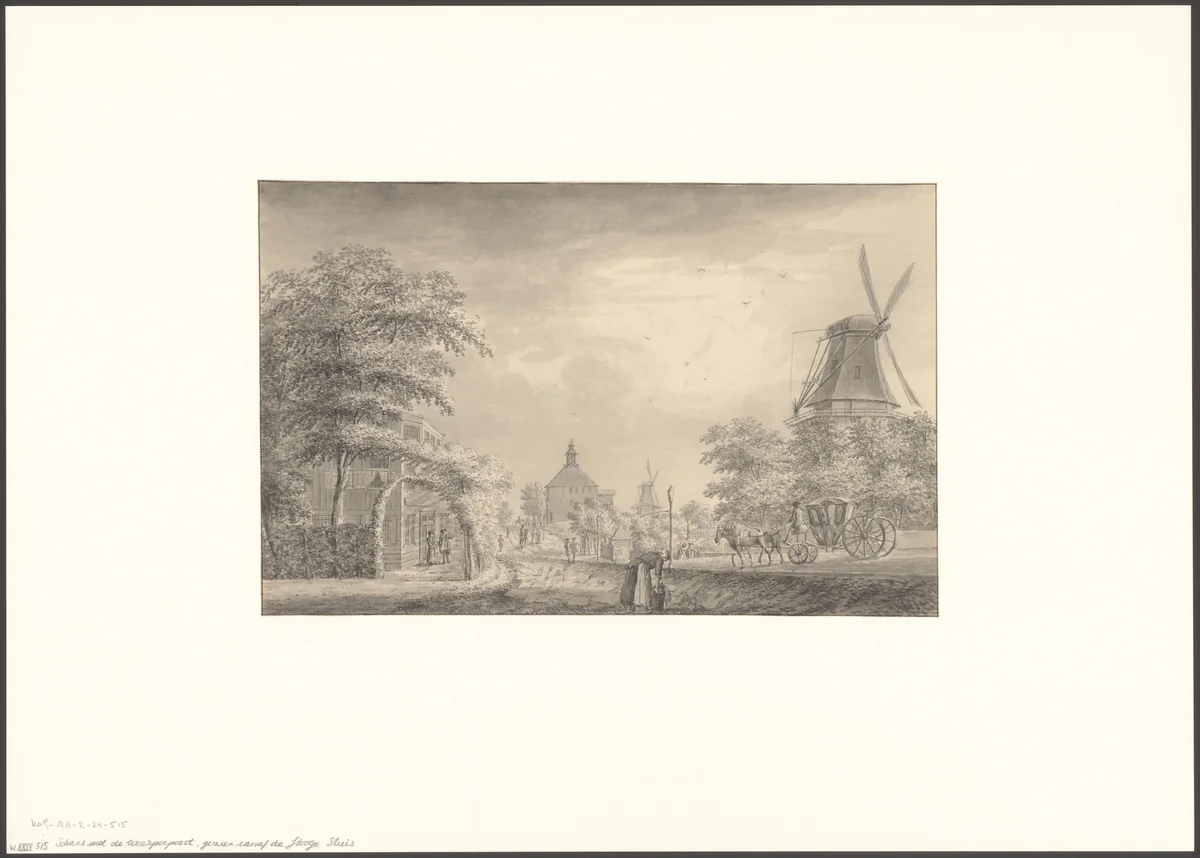 Gezicht op de Weesperpoort, gezien vanaf de Hogesluis by anonymous, drawing, 1750-1850