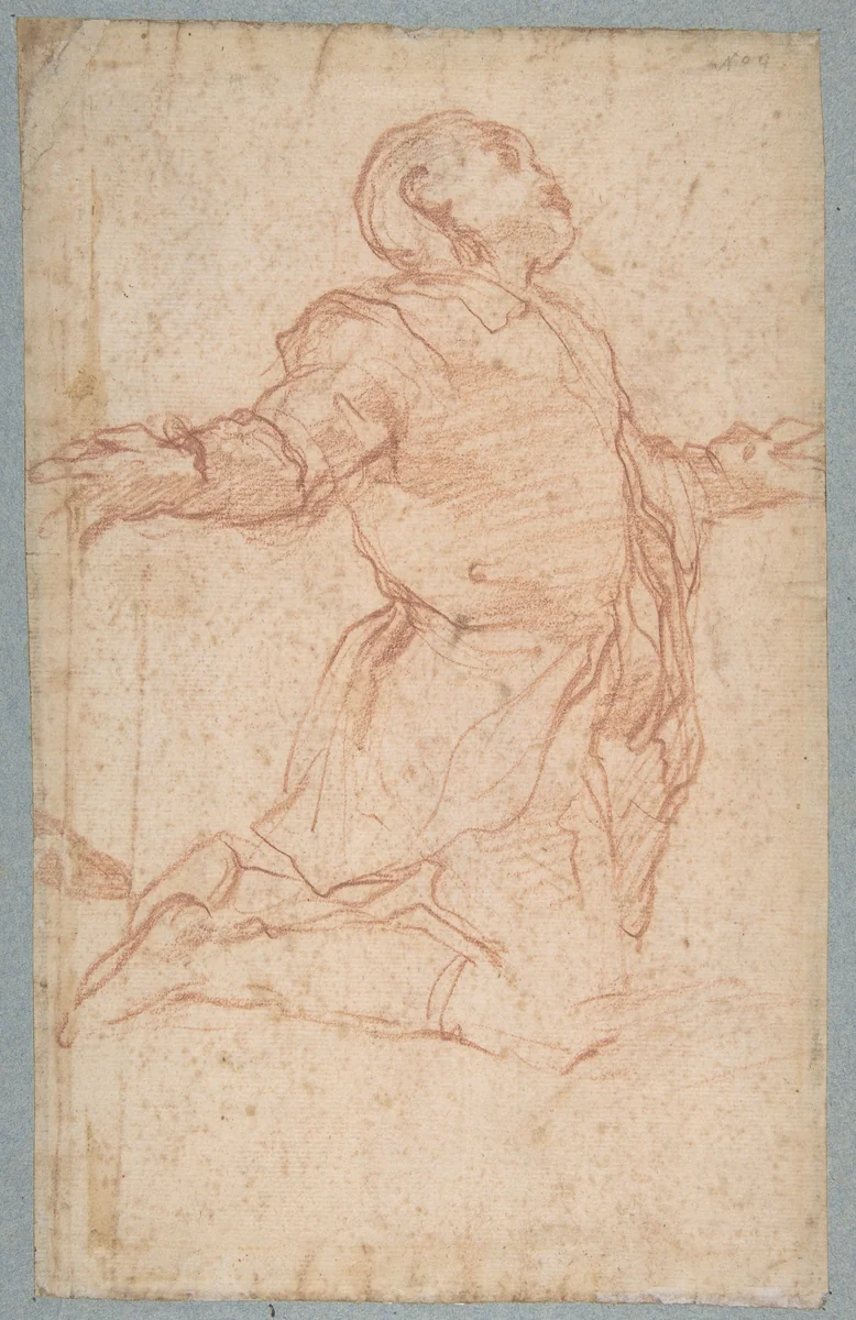 Kneeling Male Figure with Outstretched Arms (recto); Semi-Nude Seated Male Figure seen from Behind (verso) by Giovanni Battista Naldini, drawing, 1537-1591