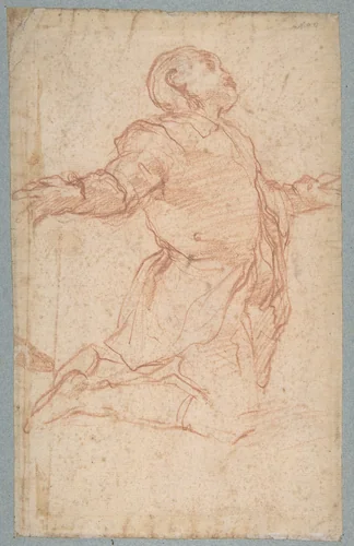 Kneeling Male Figure with Outstretched Arms (recto); Semi-Nude Seated Male Figure seen from Behind (verso) by Giovanni Battista Naldini, drawing, 1537-1591