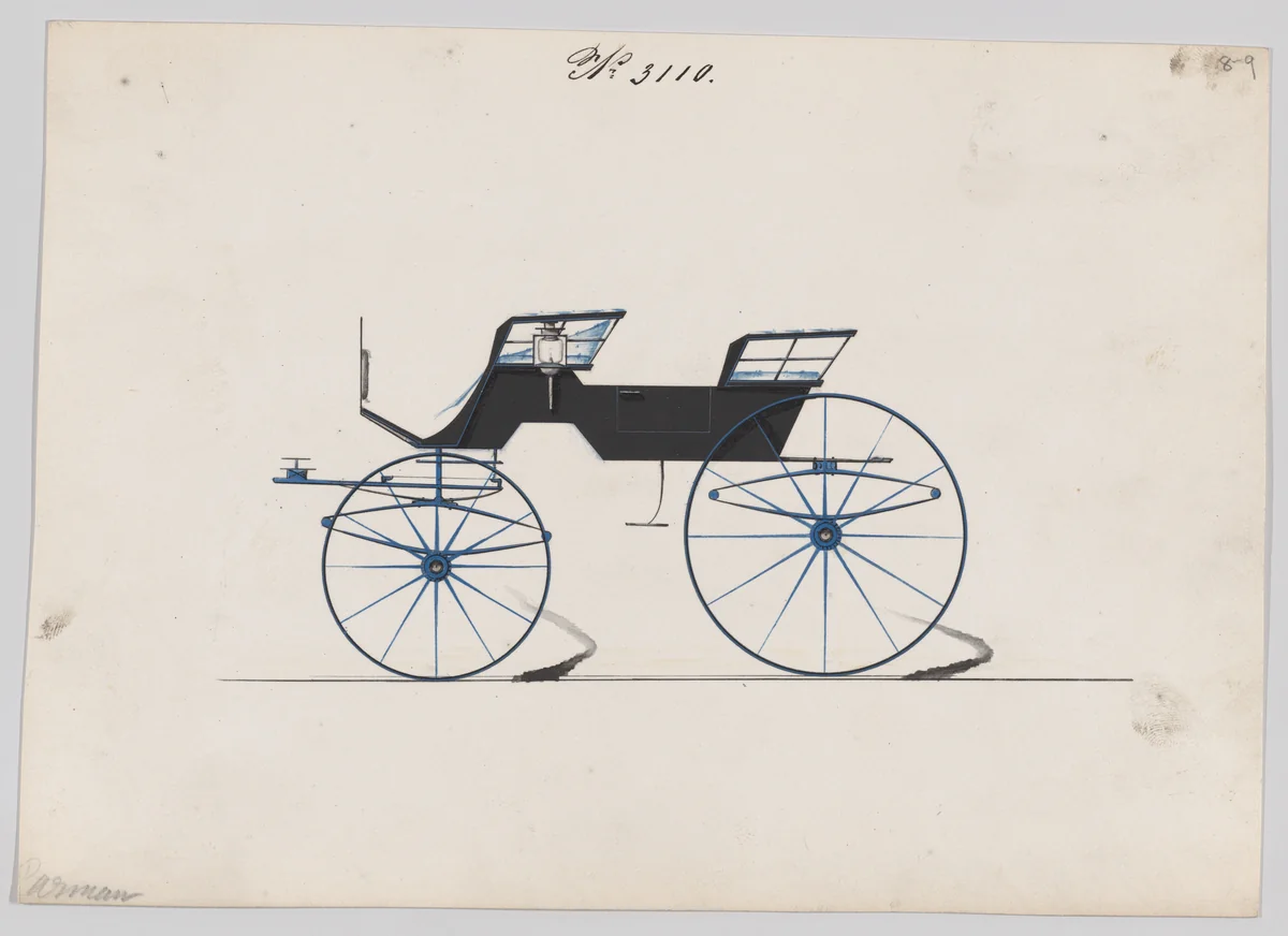 Design for 4 seat Phaeton, no top, no. 3110 by Brewster & Co., drawing, 1875