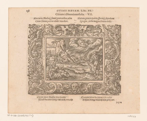 Chione gedood door Diana by Virgilius Solis, print, 1569