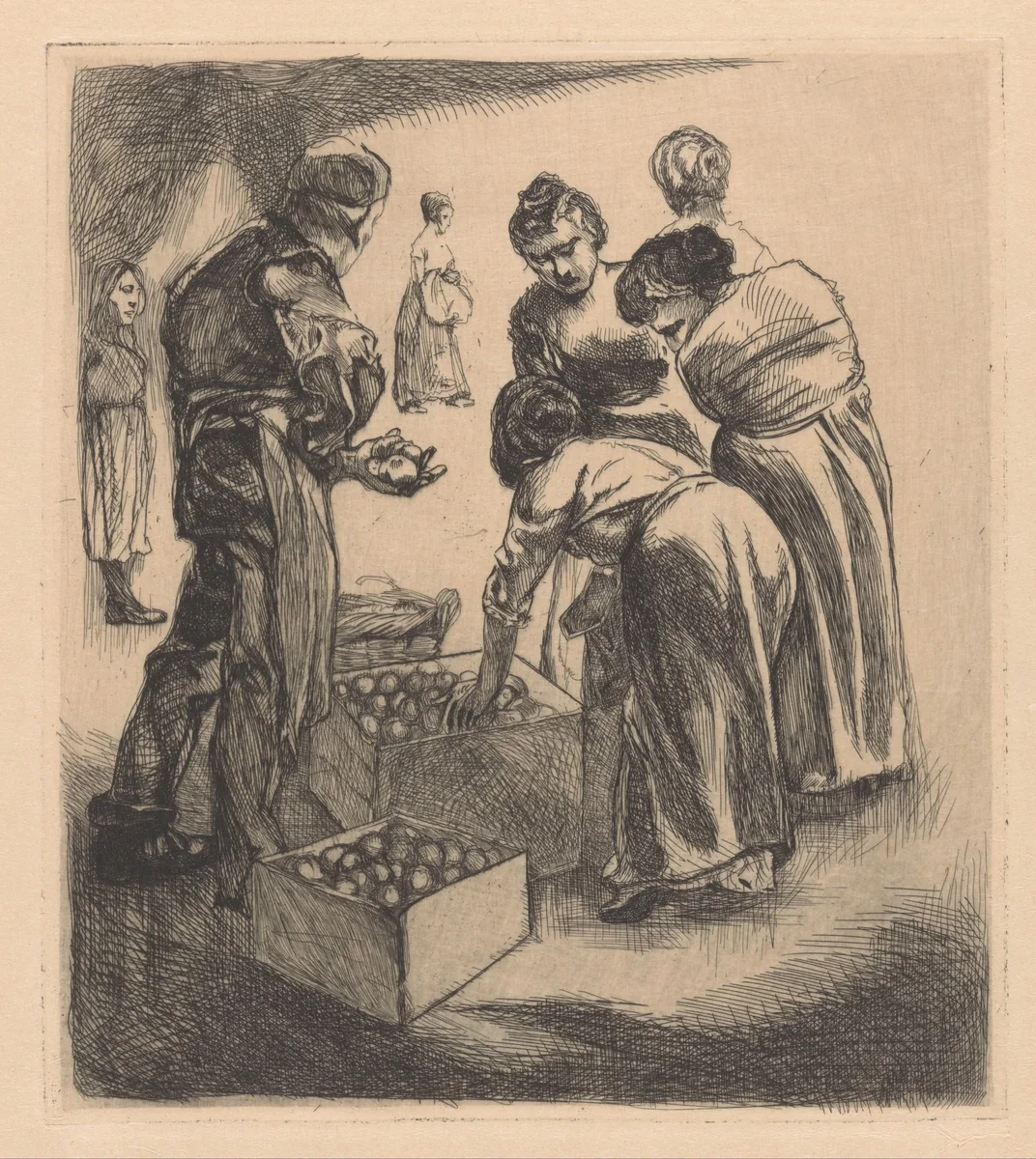 Marktscène met fruitverkoper by Johannes Josephus Aarts, print, 1881-1934