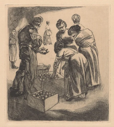 Marktscène met fruitverkoper by Johannes Josephus Aarts, print, 1881-1934