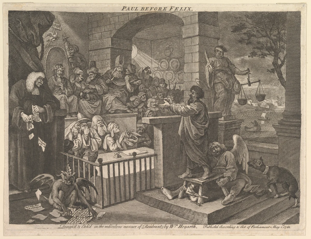 Paul Before Felix Burlesqued by William Hogarth, print, 1751