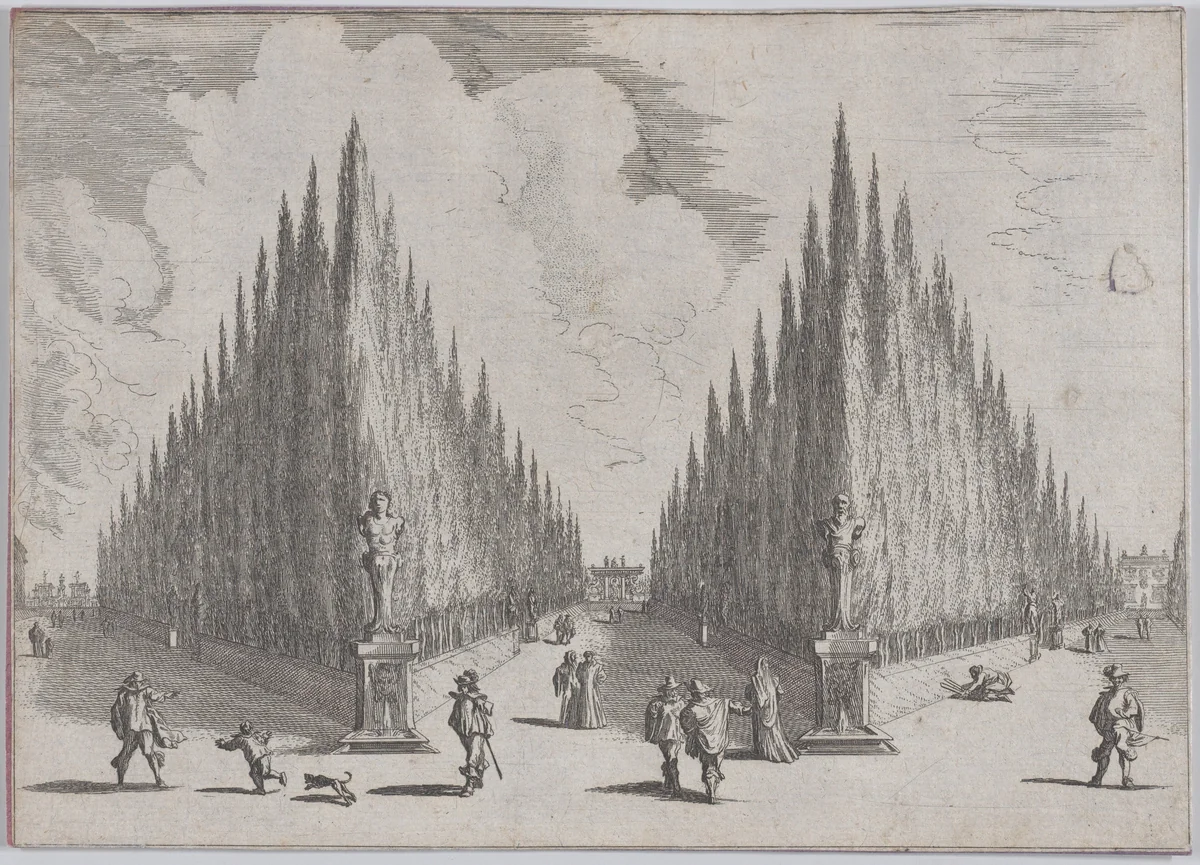 Three alleés separated by two groups of trees in pointed configurations, from 'Views of Gardens' (Vedute de' Giardini) by Johann Wilhelm Baur, print, 1636