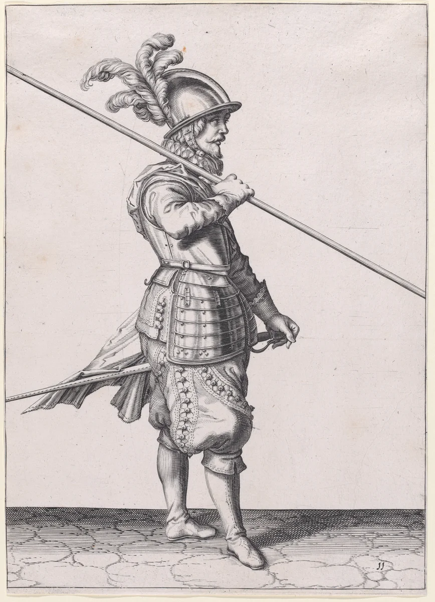 A soldier carrying his pike at the slope, from the Lansquenets series, plate 11, in "Waffenhandlung von den Rören Musquetten undt Spiessen / Wapenhandelinghe van Roers Musquetten ende Spiessen" (The Exercise of Arms) by Jacques de Gheyn II, print, 1608