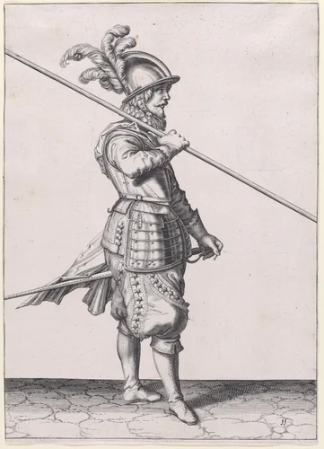 A soldier carrying his pike at the slope, from the Lansquenets series, plate 11, in "Waffenhandlung von den Rören Musquetten undt Spiessen / Wapenhandelinghe van Roers Musquetten ende Spiessen" (The Exercise of Arms) by Jacques de Gheyn II, print, 1608