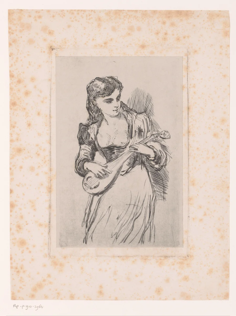 Jonge vrouw genaamd Gilline met luit by Louis Jaugey, print, 1869