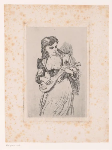 Jonge vrouw genaamd Gilline met luit by Louis Jaugey, print, 1869
