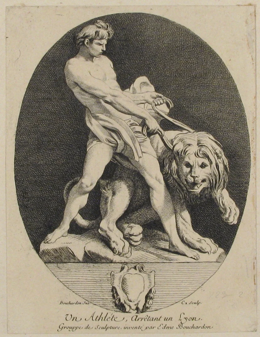 An Athlete Stopping a Lion, from "Group of Subjects Drawn From Antiquity" by Anne Claude Philippe de Tubières, print, 1737