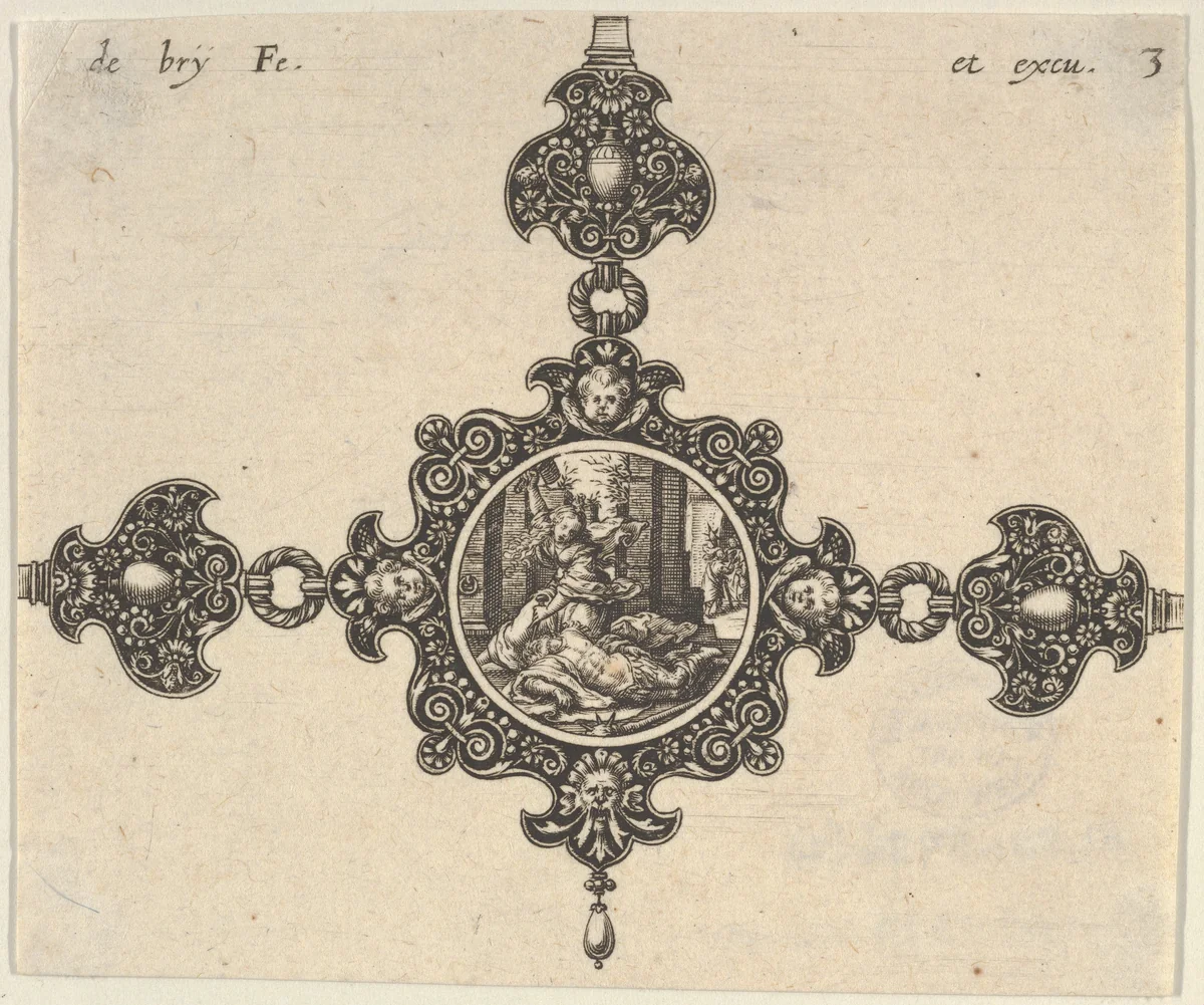 Design for a Brooch with Jael Killing Sisera by Johann Theodor de Bry, print, 1580-1600