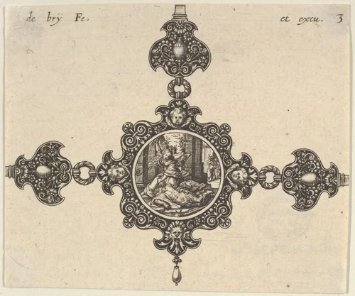 Design for a Brooch with Jael Killing Sisera by Johann Theodor de Bry, print, 1580-1600