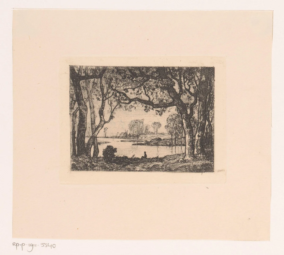 Boslandschap met figuur op de oever van een vijver by Jan Van de Kerkhove, print, 1875