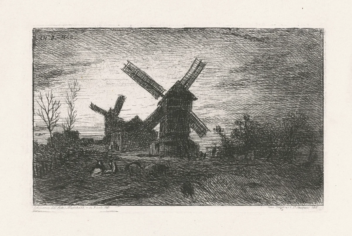 Two Windmills at Montmartre by Charles Émile Jacque, print, 1846