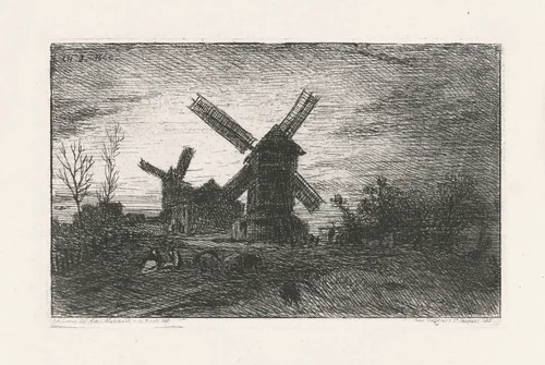 Two Windmills at Montmartre by Charles Émile Jacque, print, 1846