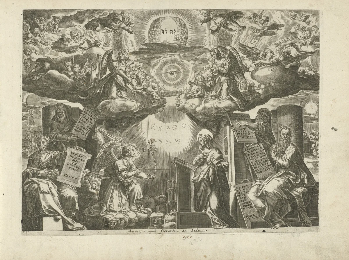 Annunciatie, omgeven door profeten by Unknown, print, 1547-1591