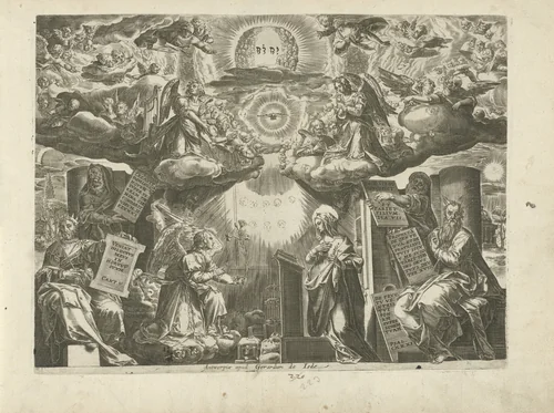 Annunciatie, omgeven door profeten by Unknown, print, 1547-1591