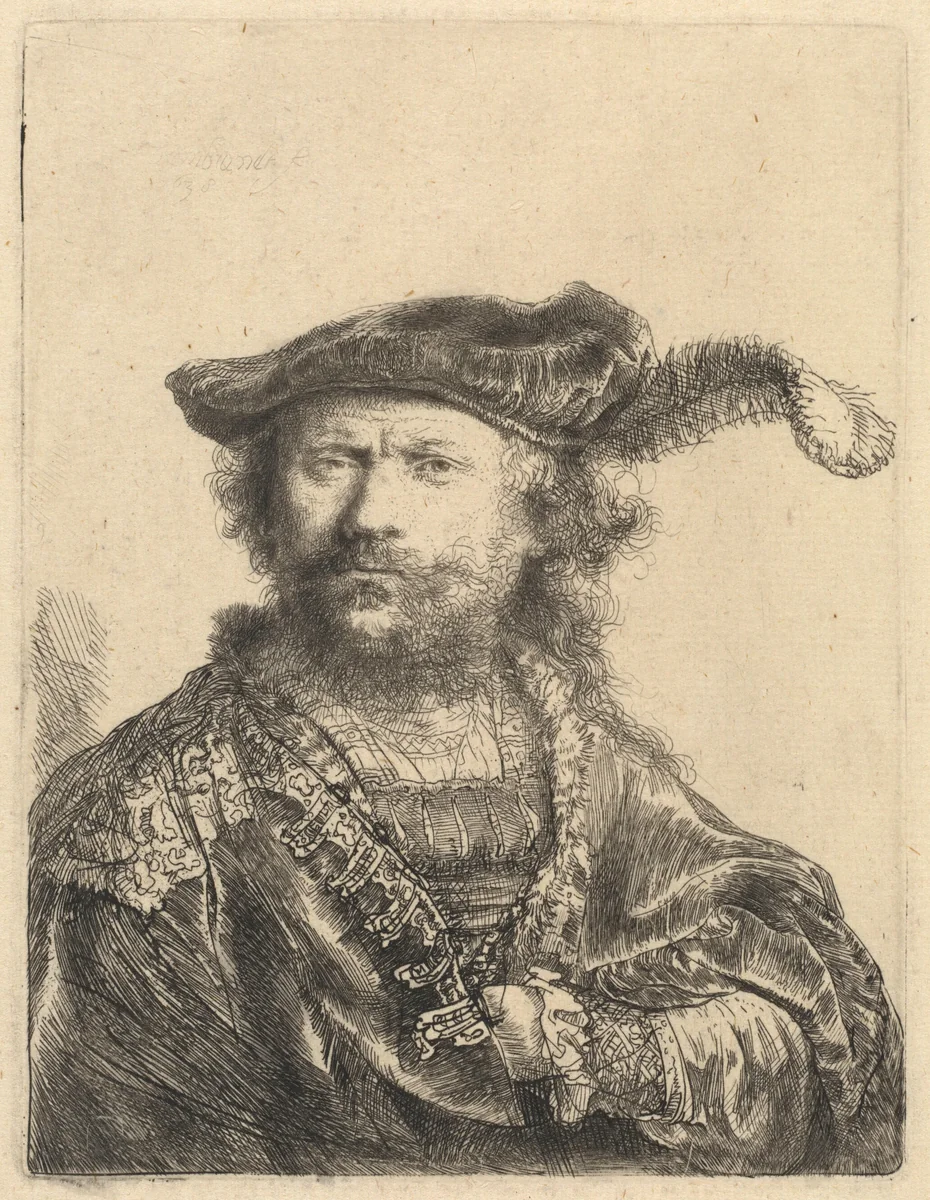 Self-Portrait in a Velvet Cap with Plume by Rembrandt van Rijn, print, 1638