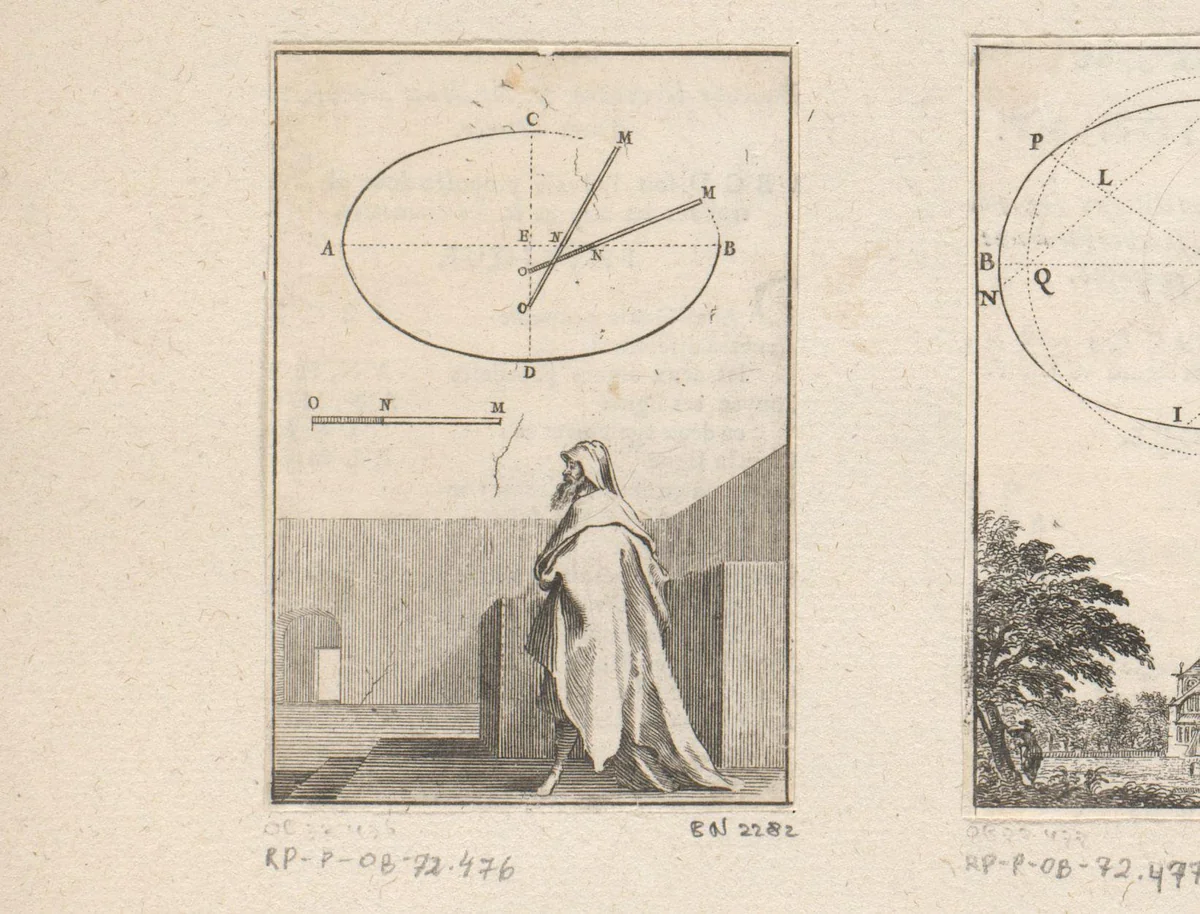 Beschrijving van een ovaal op twee gegeven diameters met onderaan een man met mantel by Sébastien Leclerc, print, 1669