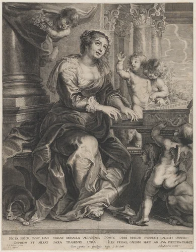 Saint Cecilia playing the organ surrounded by putti by Schelte Adams Bolswert, print, 1635-1659