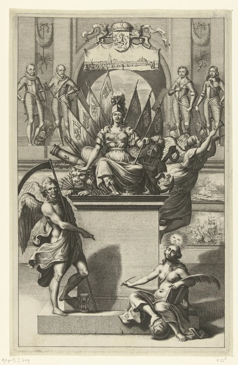 Personificatie van de Republiek der Nederlanden zittend op een leeuw by Hendrik Bary, print, 1667-1669