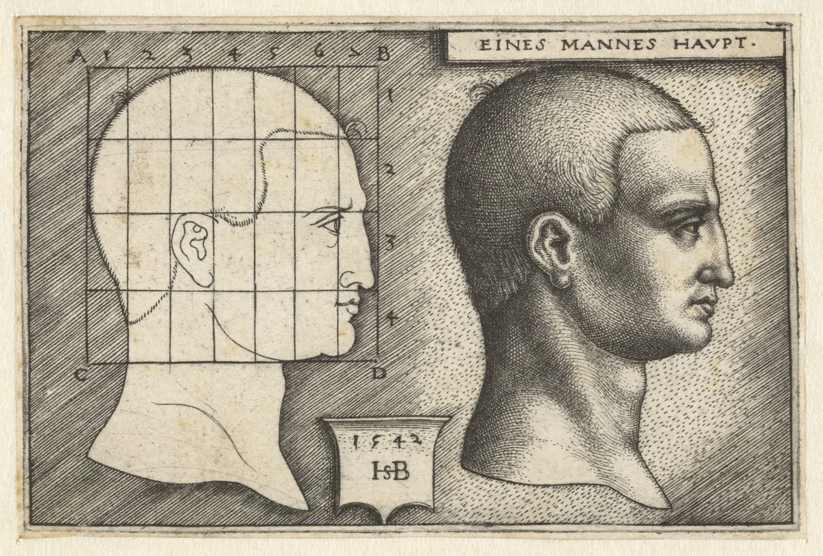 Mannenhoofd en tekening in schema volgens proportieleer by Unknown, print, 1542