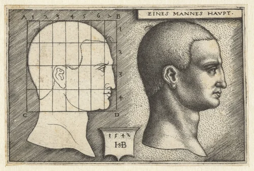 Mannenhoofd en tekening in schema volgens proportieleer by Unknown, print, 1542