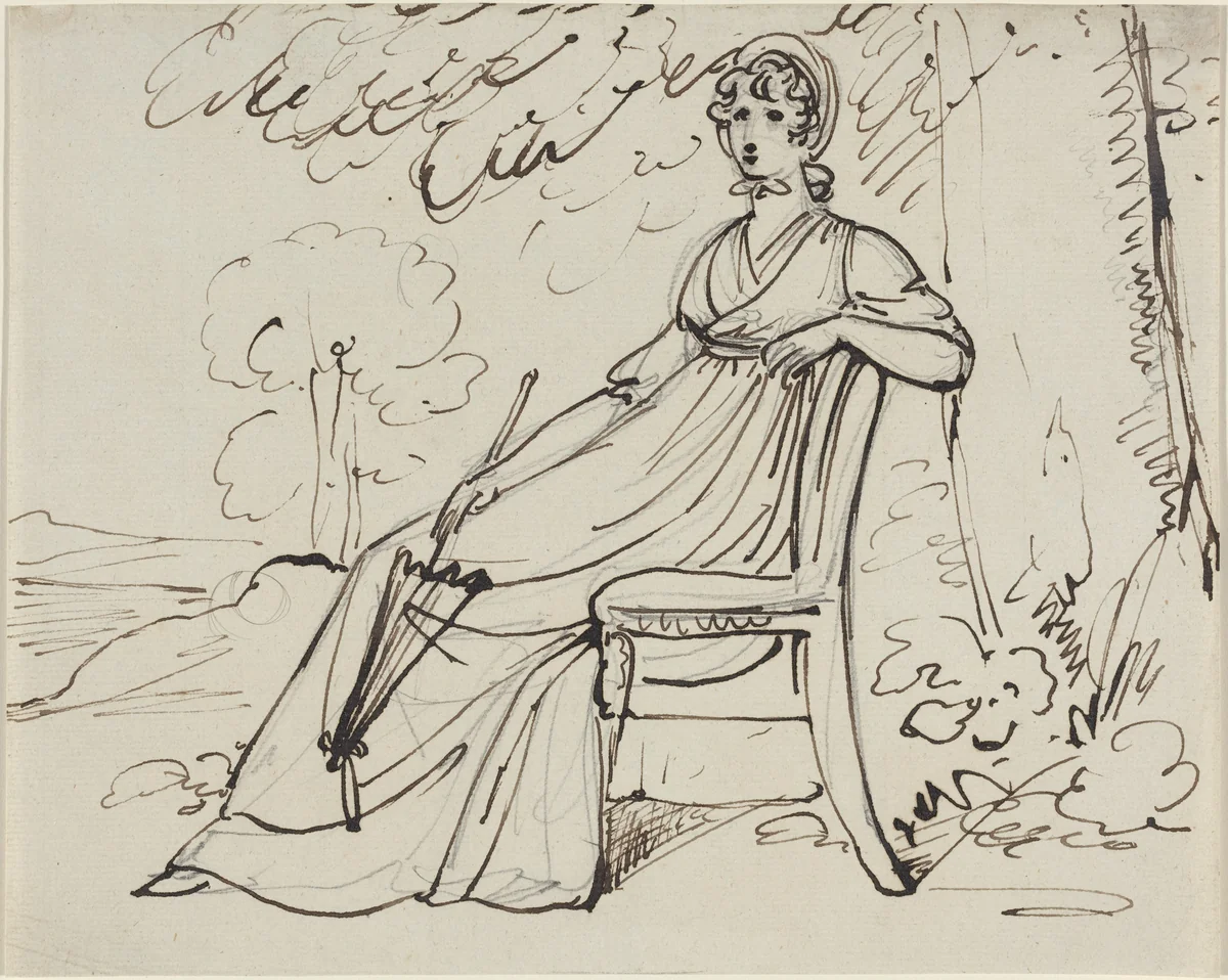 A Lady Seated with a Parasol by Samuel Woodforde, drawing, 1794-1817