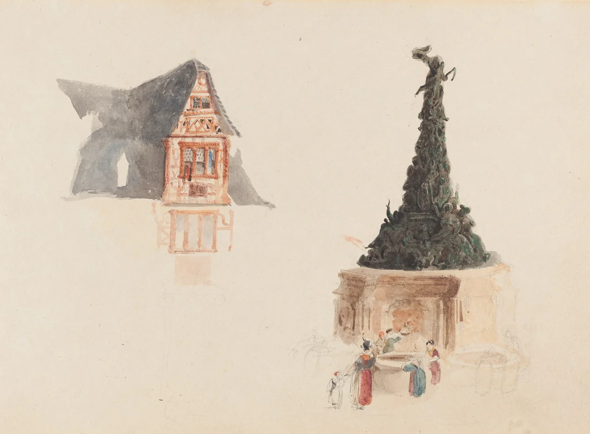A Fountain and a Facade in Austria by John Skinner Prout, drawing, 1806-1876