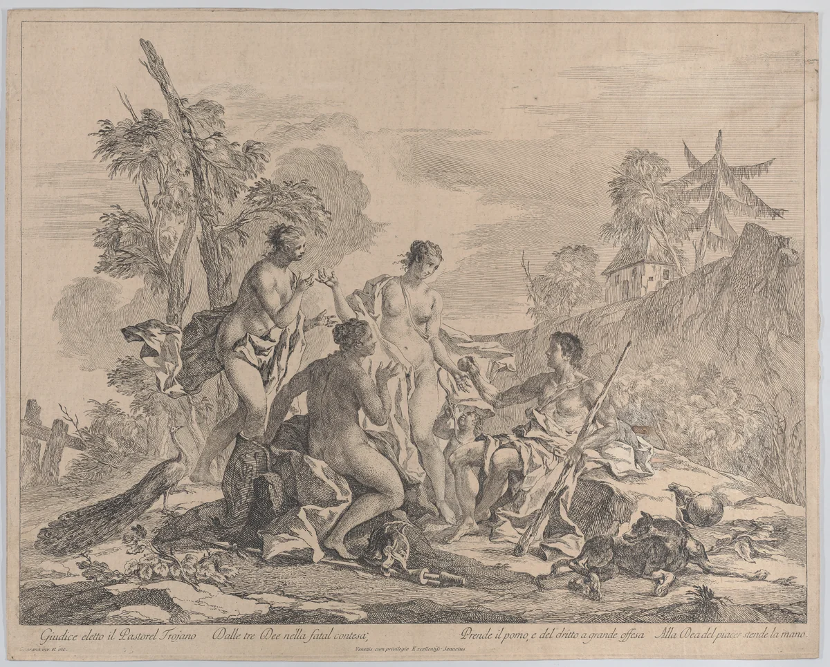 The shepherd Paris sitting on the right, holding a staff and handing an apple to Venus accompanied by two nymphs by Jacopo Guarana, print, 1750-1790
