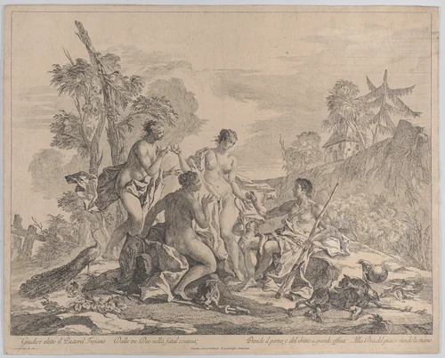 The shepherd Paris sitting on the right, holding a staff and handing an apple to Venus accompanied by two nymphs by Jacopo Guarana, print, 1750-1790