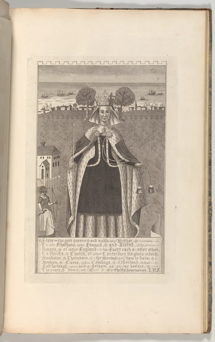 Edyve, the good queen and noble mother to Etheltane, Edmund and Eldred, Kinges of England..., from The History and Topographical Survey of the County of Kent, vols. 1-3 by John Bayly, book, 1777