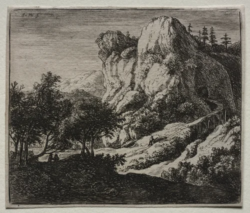 Four Landscapes: The Winding Wooden Bridge by Anthonie Waterloo, print, 1637-1690
