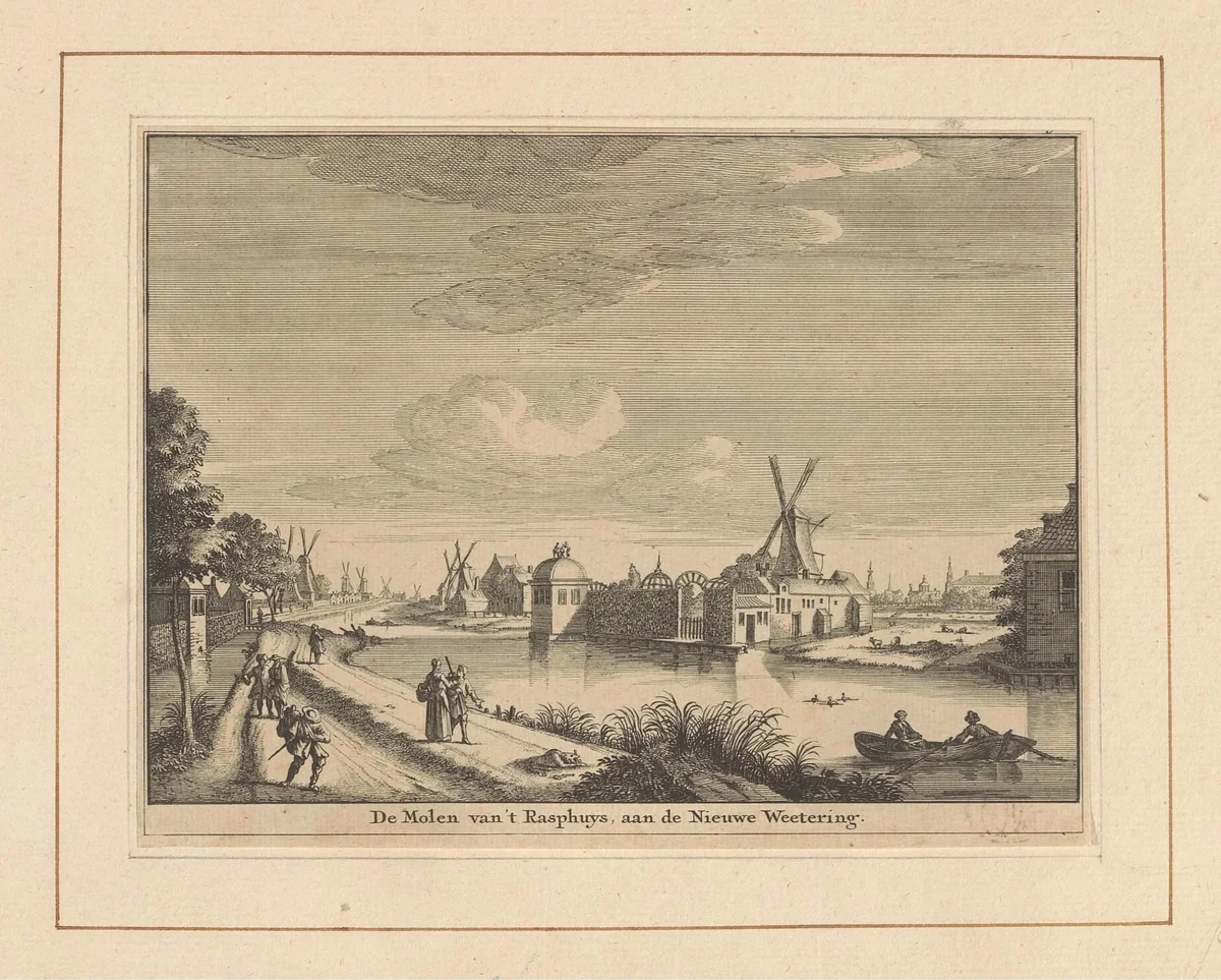 Gezicht op de Rasphuismolen te Amsterdam by Jan Goeree, print, 1723-1738