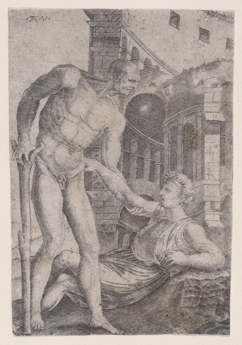 A Man Helping Another to His Feet by Agostino Veneziano, print, 1514-1536