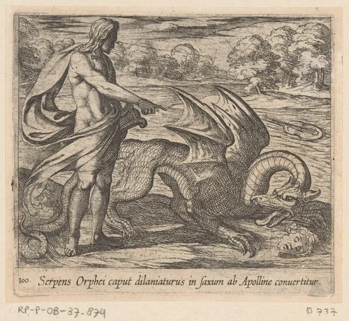 Apollo doodt de draak die het hoofd van Orpheus aanvalt by Antonio Tempesta, print, 1606
