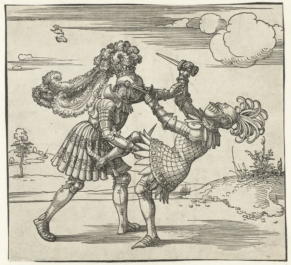 Twee ridders in gevecht by Albrecht Dürer, print, 1517-1518